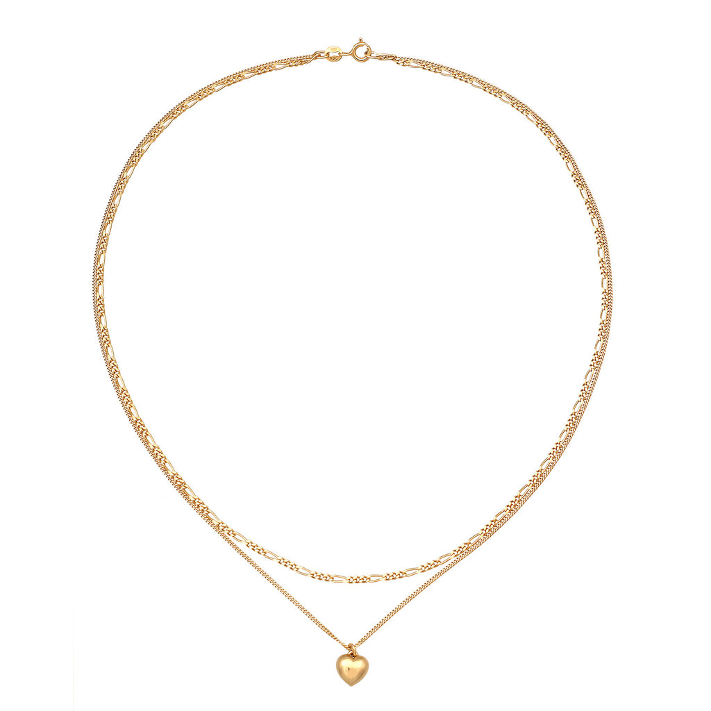 Gold Kalung Perhiasan Perak 925 Wanita Layer Heart Pendant Figaro Gold Plated