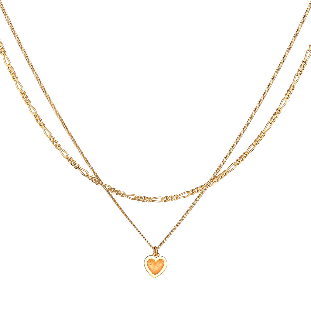 Gold Kalung Perhiasan Perak 925 Wanita Layer Heart Pendant Figaro Gold Plated