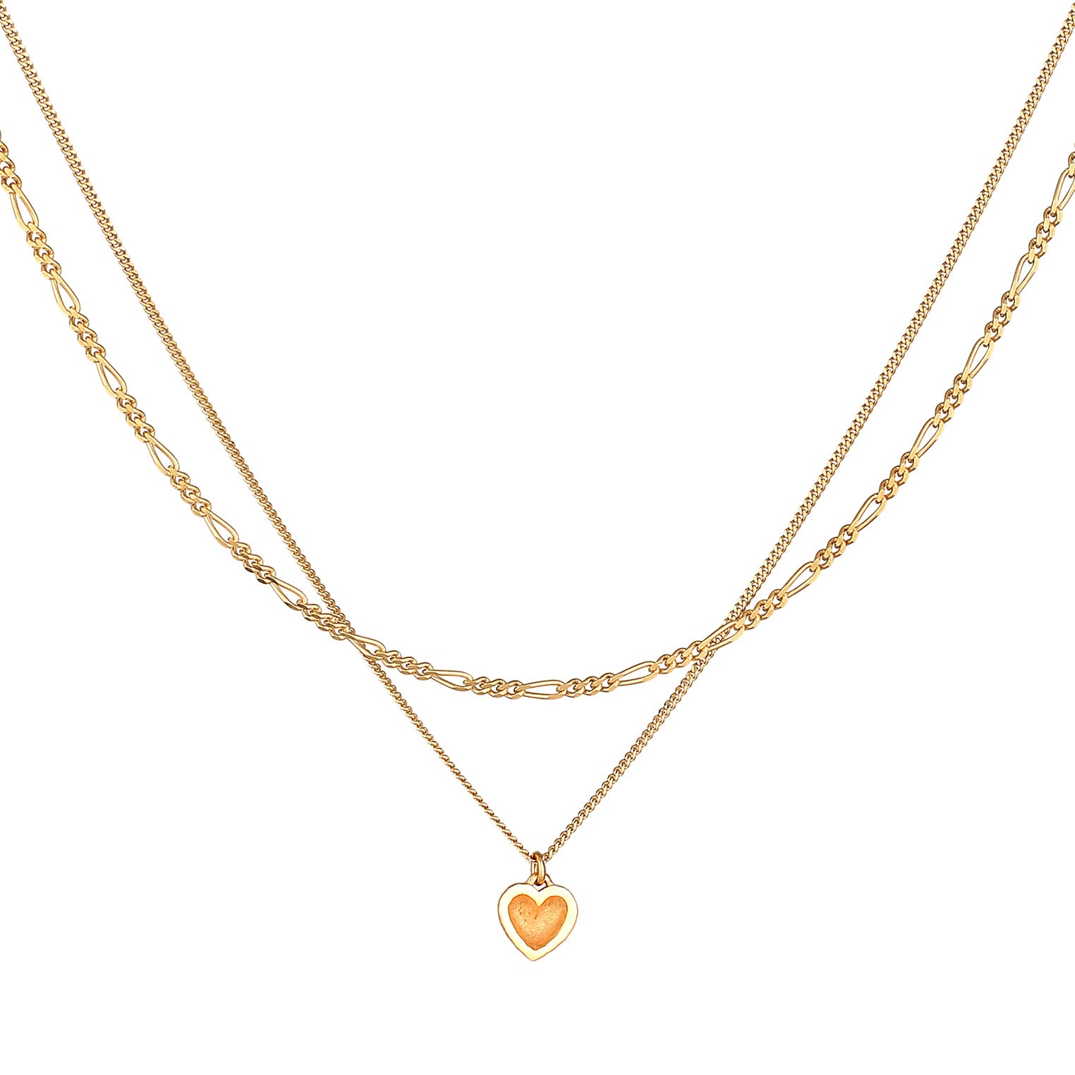 Gold Kalung Perhiasan Perak 925 Wanita Layer Heart Pendant Figaro Gold Plated