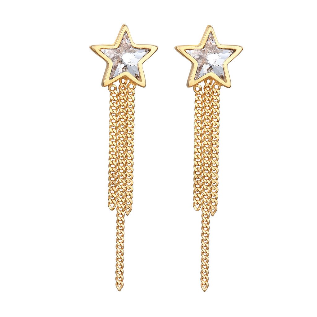 Gold Perhiasan Wanita Perak Asli - Silver Anting Ear Hanger Star Chain Crystals Gold Plated