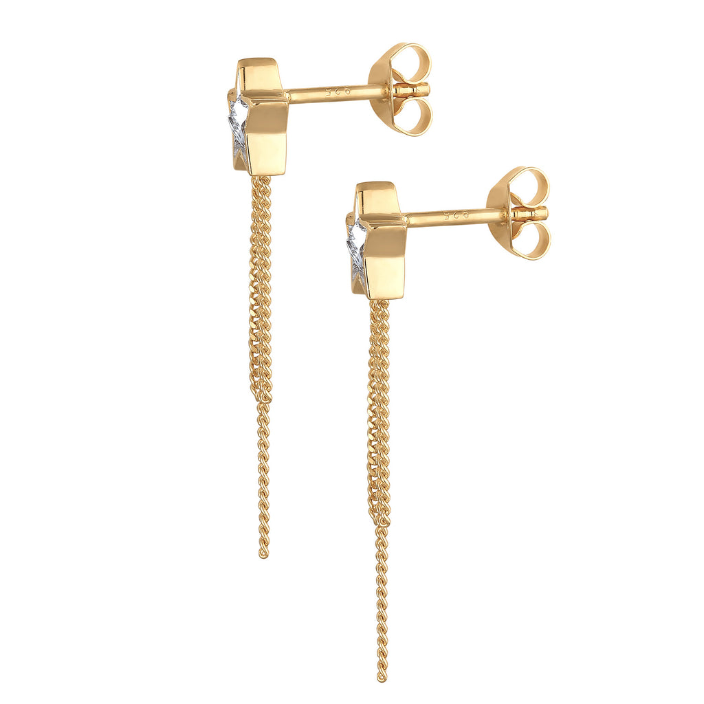 Gold Perhiasan Wanita Perak Asli - Silver Anting Ear Hanger Star Chain Crystals Gold Plated