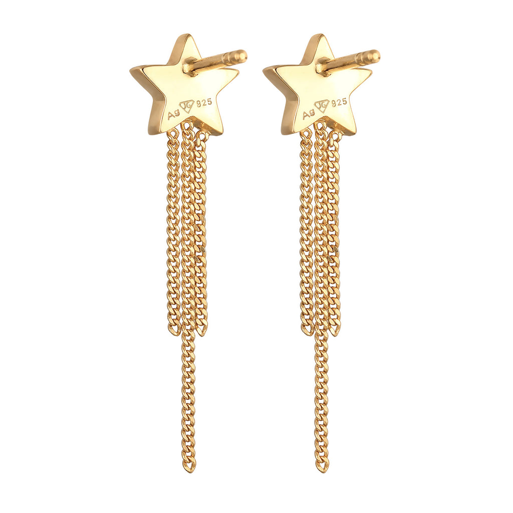 Gold Perhiasan Wanita Perak Asli - Silver Anting Ear Hanger Star Chain Crystals Gold Plated