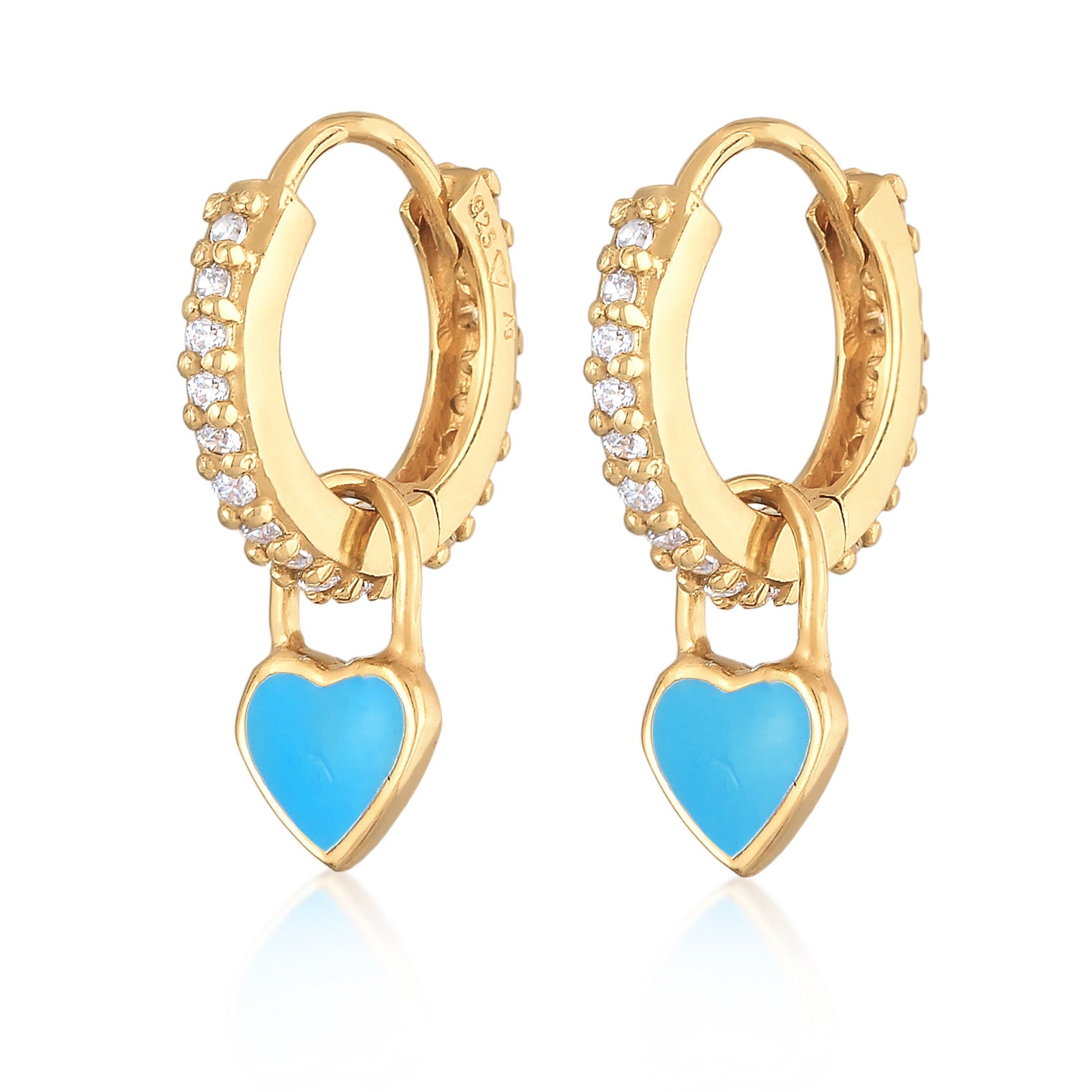 Blue Perhiasan Wanita Perak Asli - Silver Anting Creoles Heart Pendant Enamel And Zirconia Lapis Emas