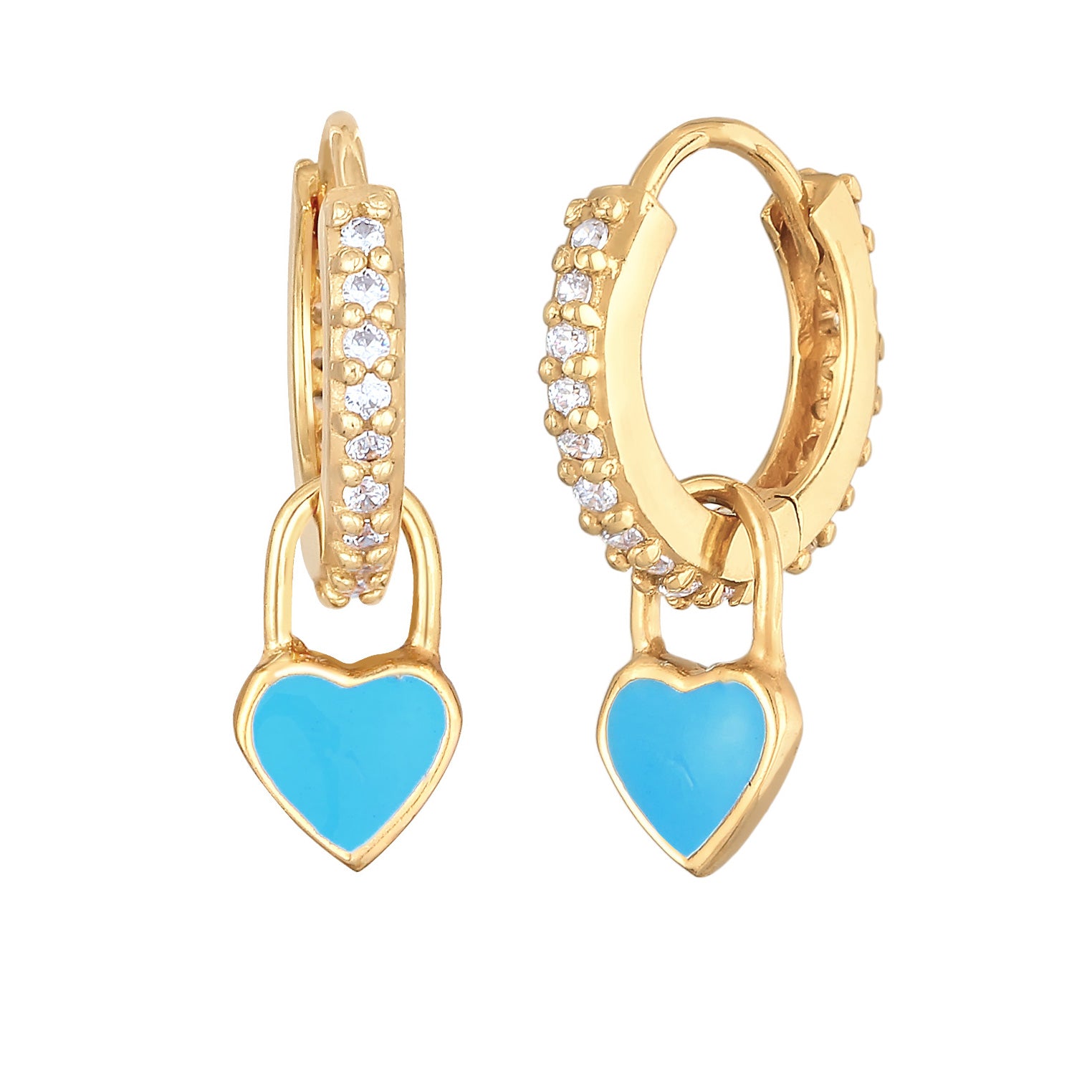 Blue Perhiasan Wanita Perak Asli - Silver Anting Creoles Heart Pendant Enamel And Zirconia Lapis Emas