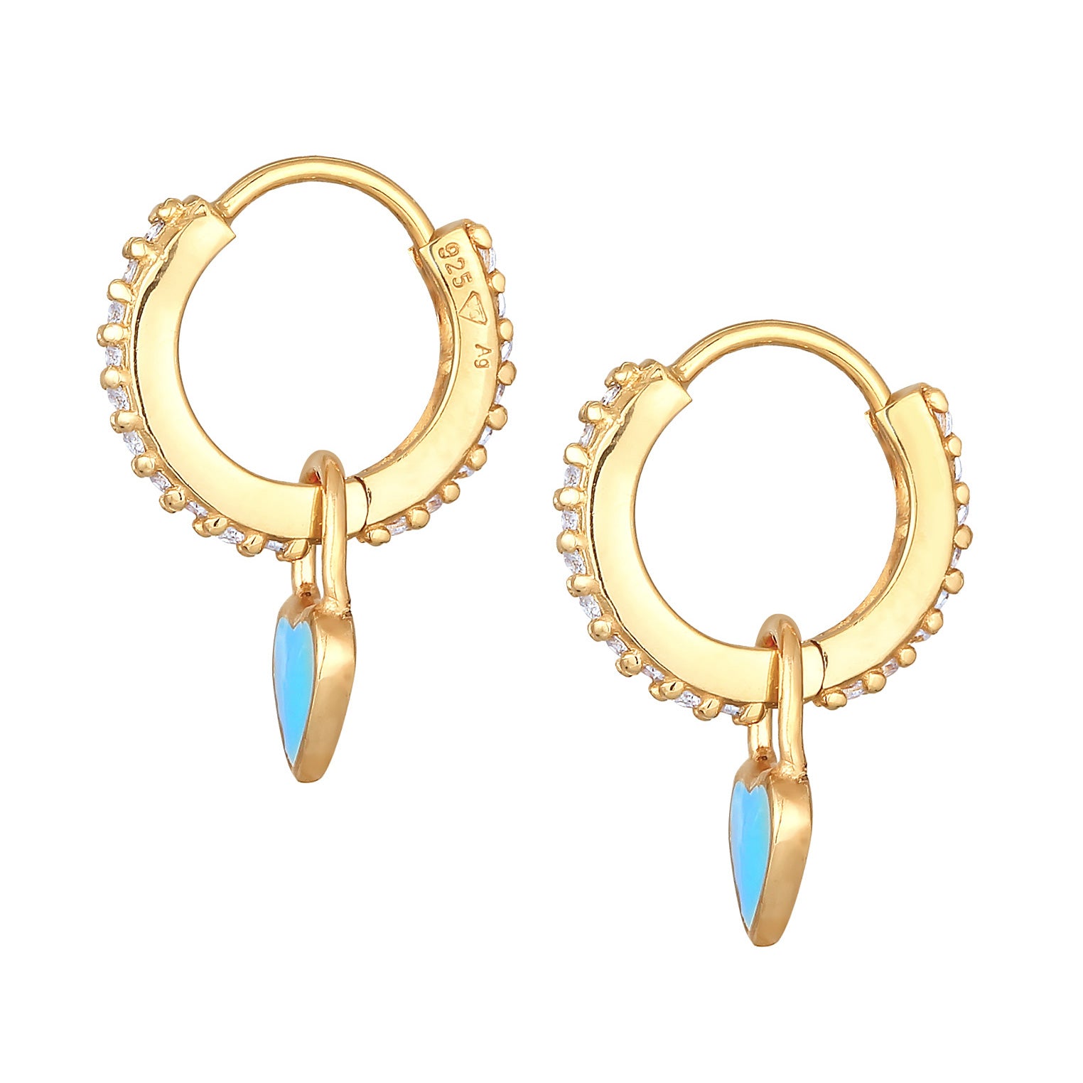 Blue Perhiasan Wanita Perak Asli - Silver Anting Creoles Heart Pendant Enamel And Zirconia Lapis Emas