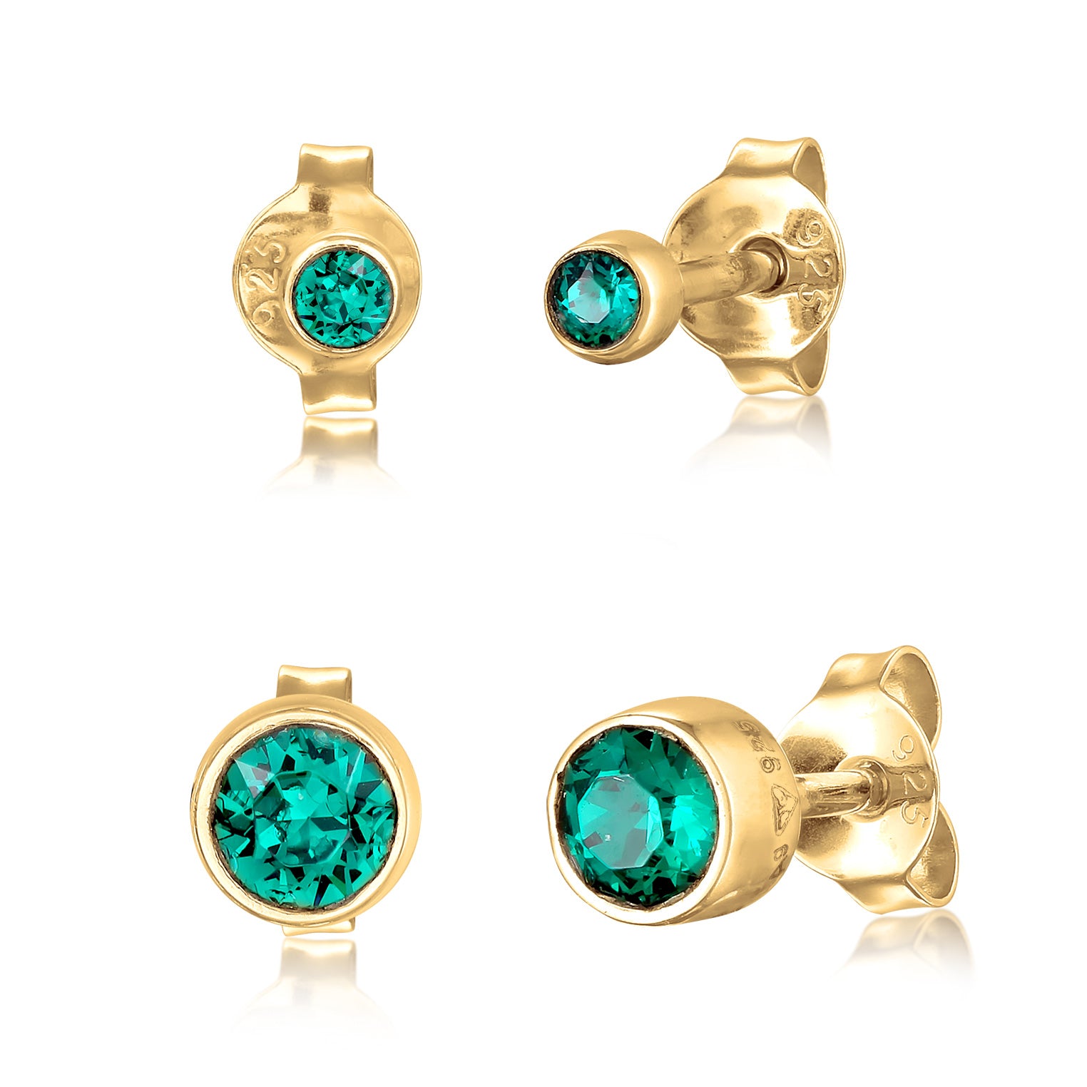 Gold Perhiasan Wanita Perak Asli - Silver Anting Stud Set Round Crystals Green Gold Plated