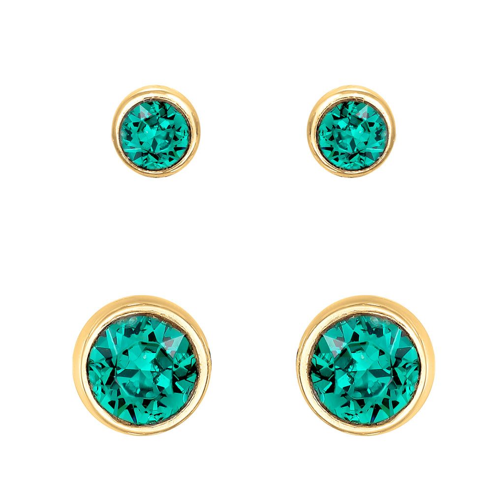 Gold Perhiasan Wanita Perak Asli - Silver Anting Stud Set Round Crystals Green Gold Plated