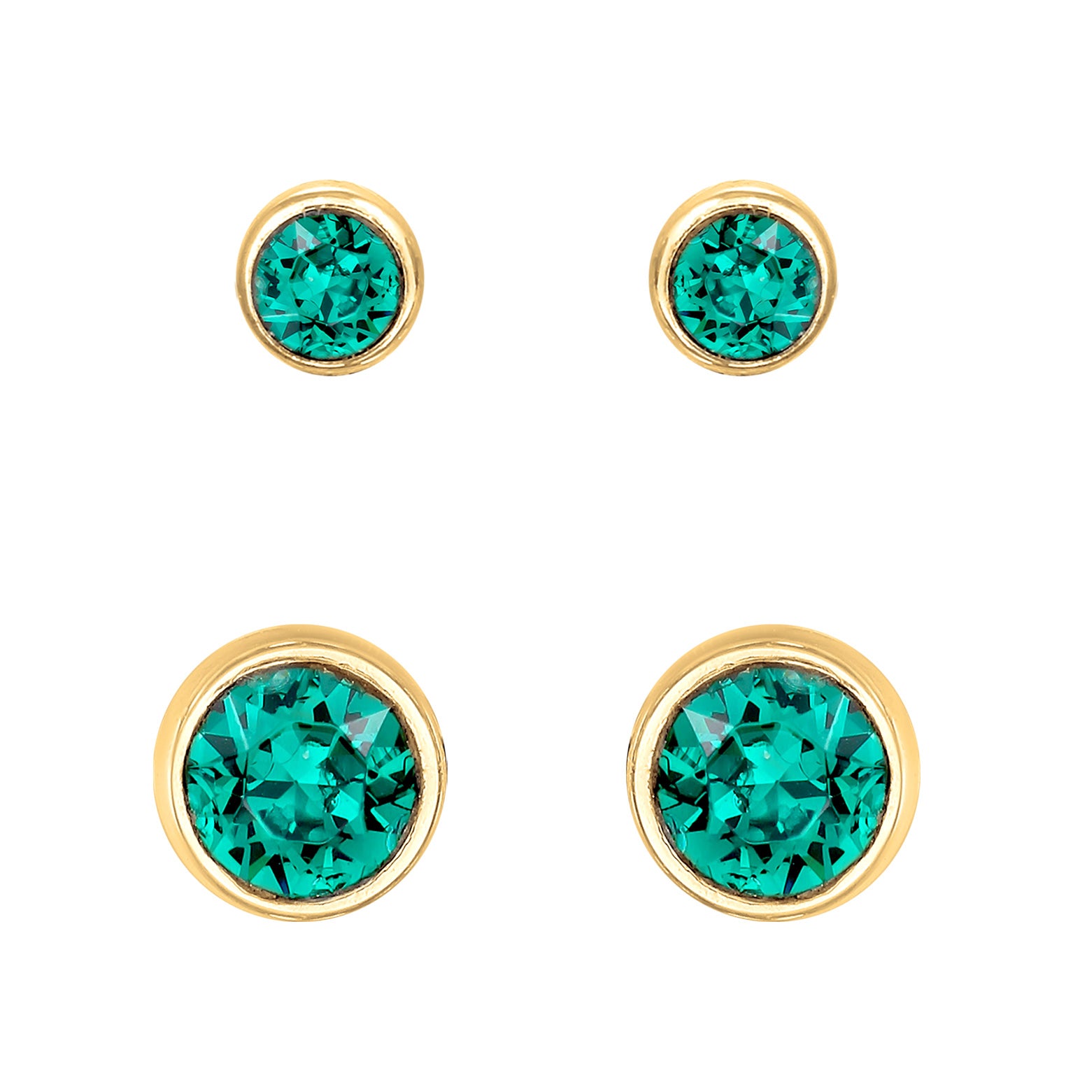 Gold Perhiasan Wanita Perak Asli - Silver Anting Stud Set Round Crystals Green Gold Plated