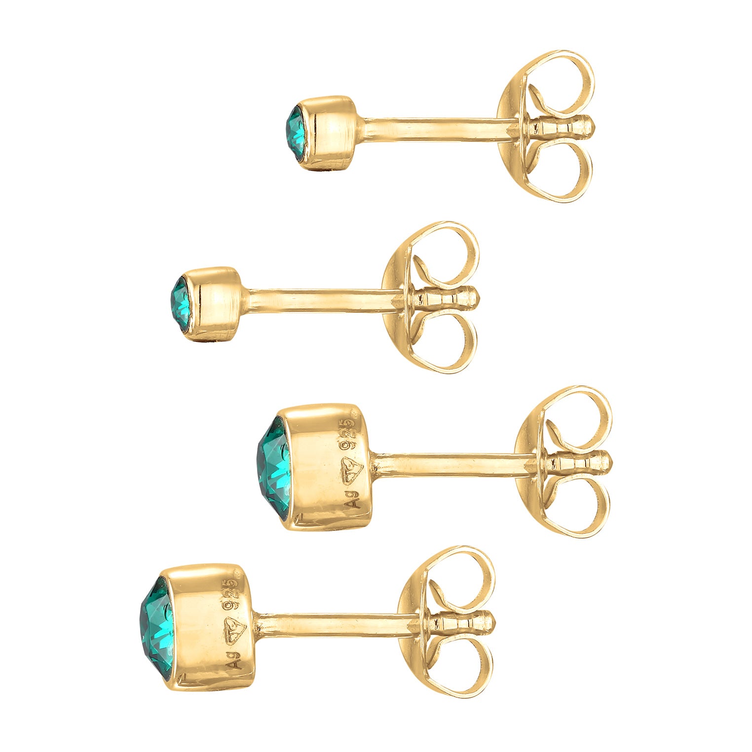 Gold Perhiasan Wanita Perak Asli - Silver Anting Stud Set Round Crystals Green Gold Plated