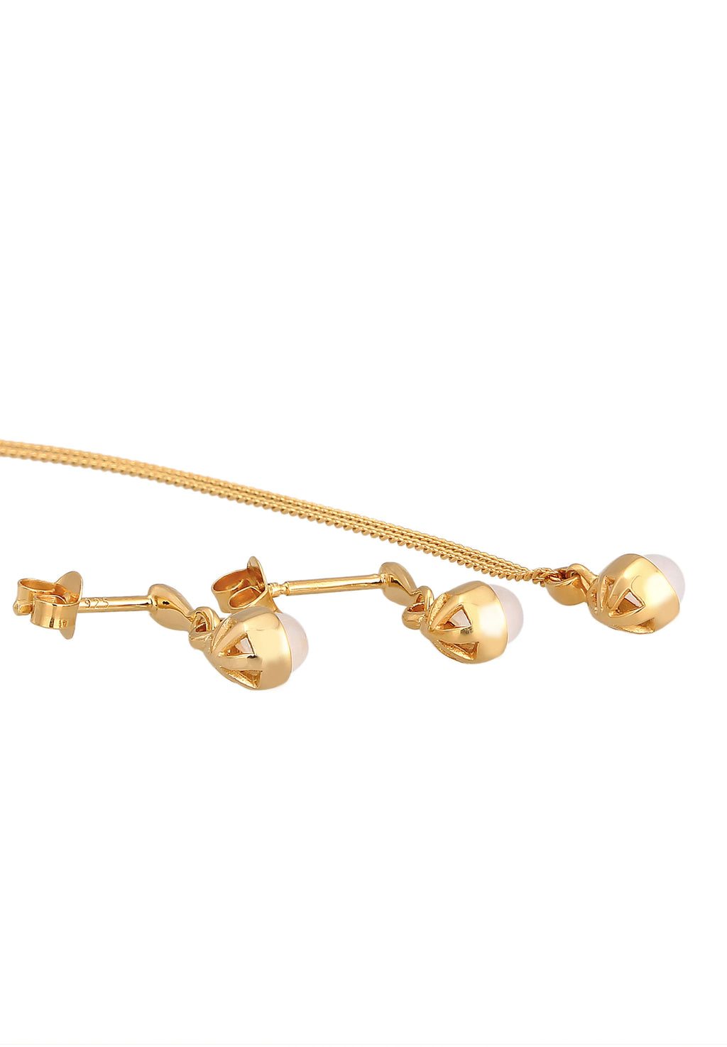 Gold Set Perhiasan Perak 925 Wanita Drop Pendant Set Ear Hanger Moonstone Gold Plated