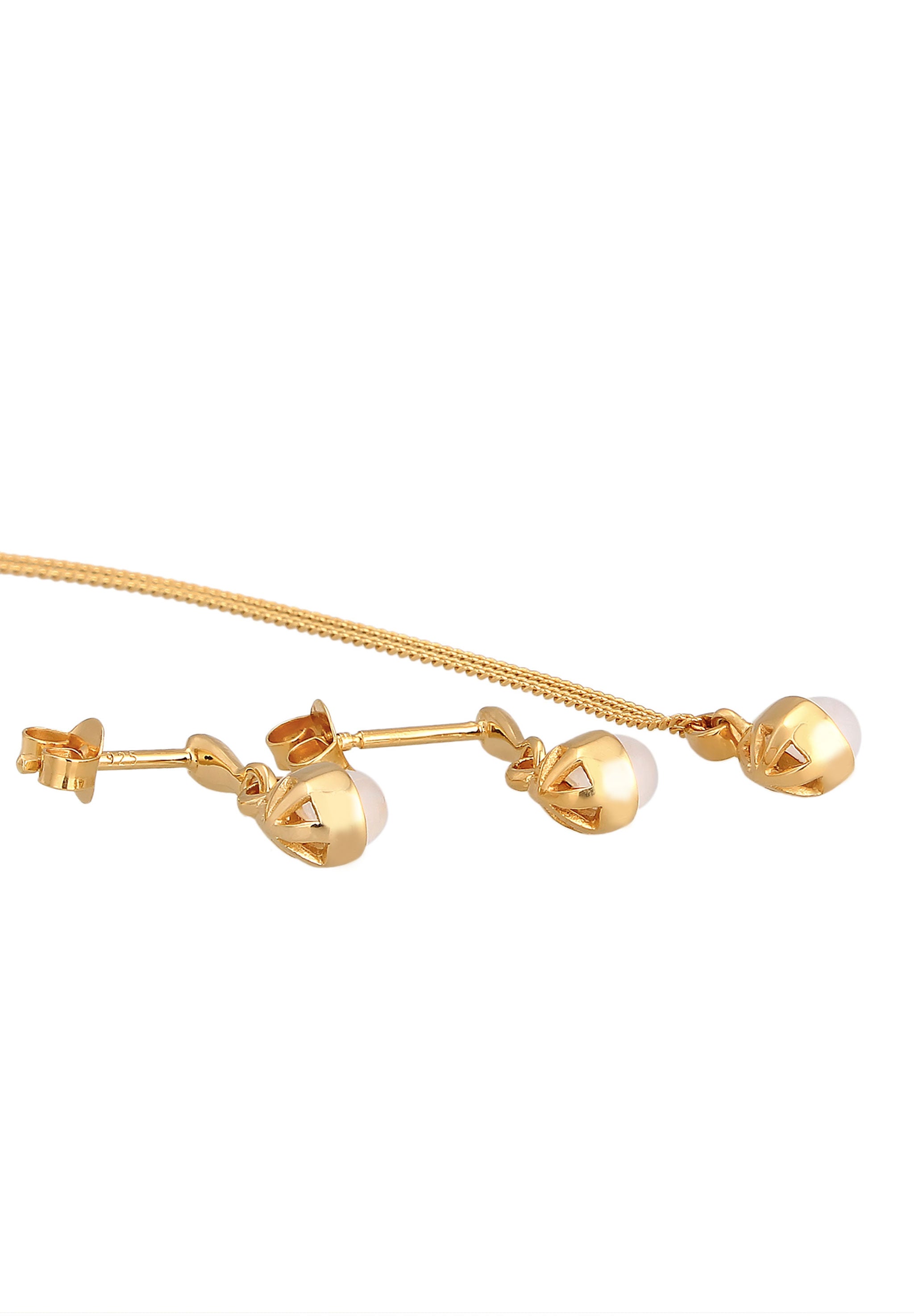 Gold Set Perhiasan Perak 925 Wanita Drop Pendant Set Ear Hanger Moonstone Gold Plated