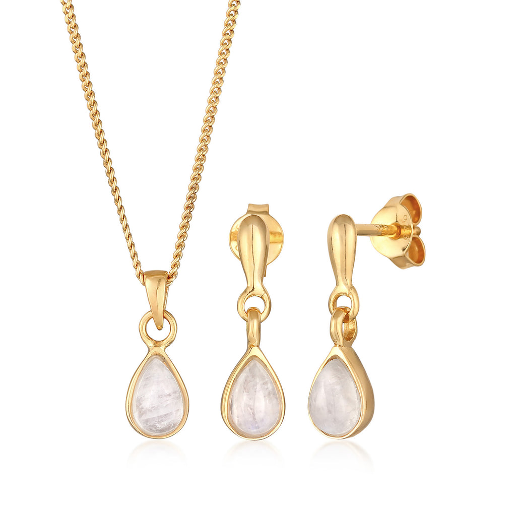 Gold Set Perhiasan Perak 925 Wanita Drop Pendant Set Ear Hanger Moonstone Gold Plated