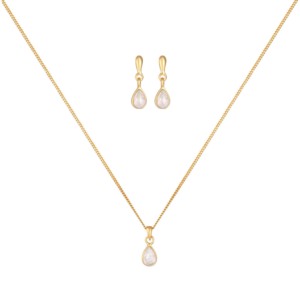 Gold Set Perhiasan Perak 925 Wanita Drop Pendant Set Ear Hanger Moonstone Gold Plated