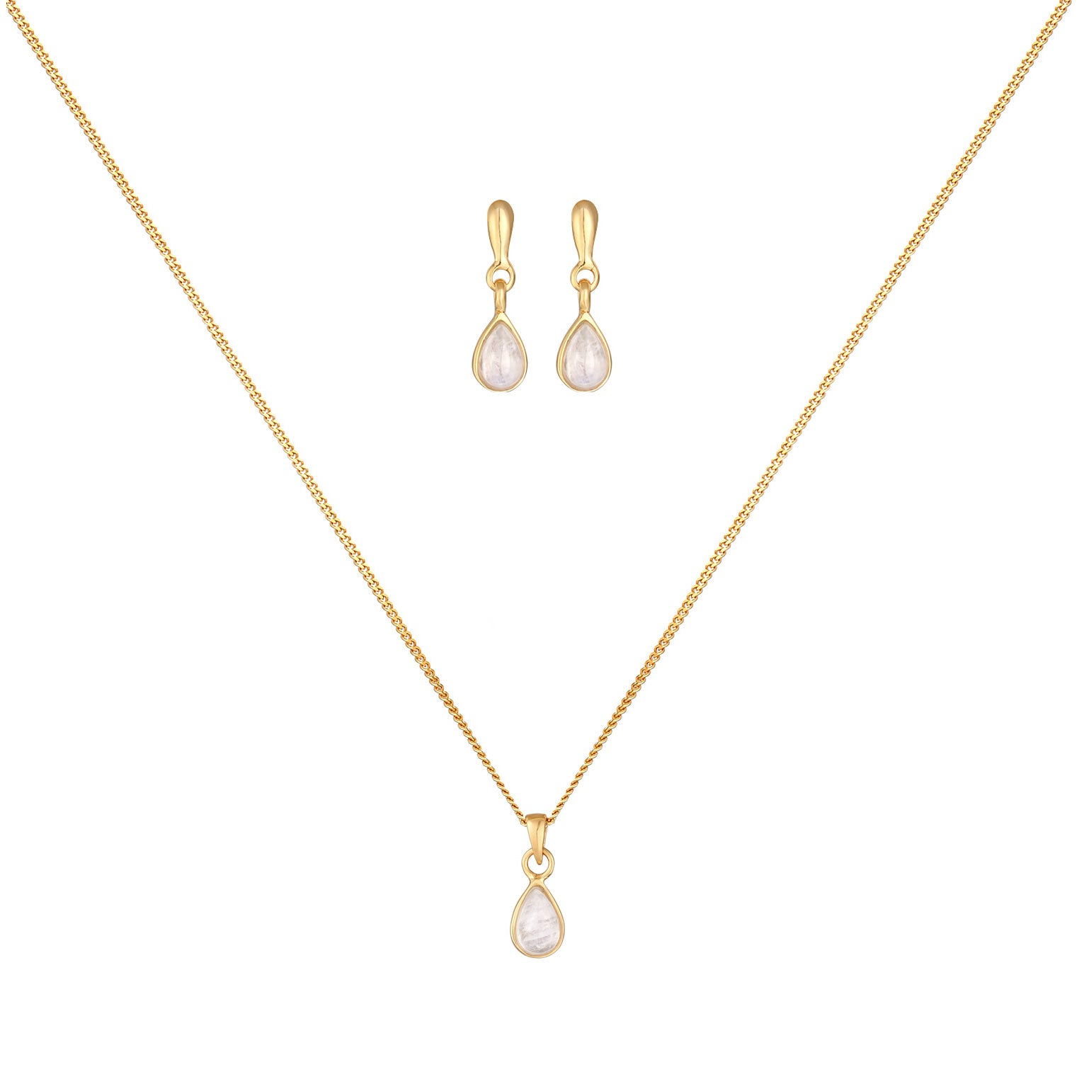 Gold Set Perhiasan Perak 925 Wanita Drop Pendant Set Ear Hanger Moonstone Gold Plated