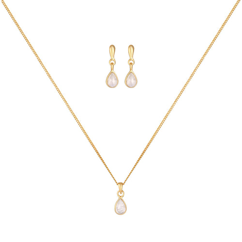 Gold Set Perhiasan Perak 925 Wanita Drop Pendant Set Ear Hanger Moonstone Gold Plated