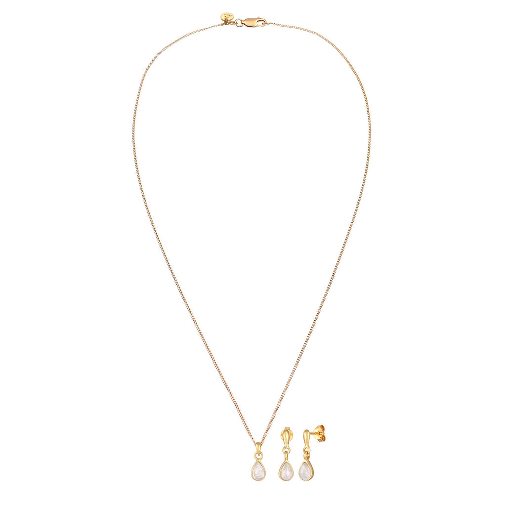 Gold Set Perhiasan Perak 925 Wanita Drop Pendant Set Ear Hanger Moonstone Gold Plated