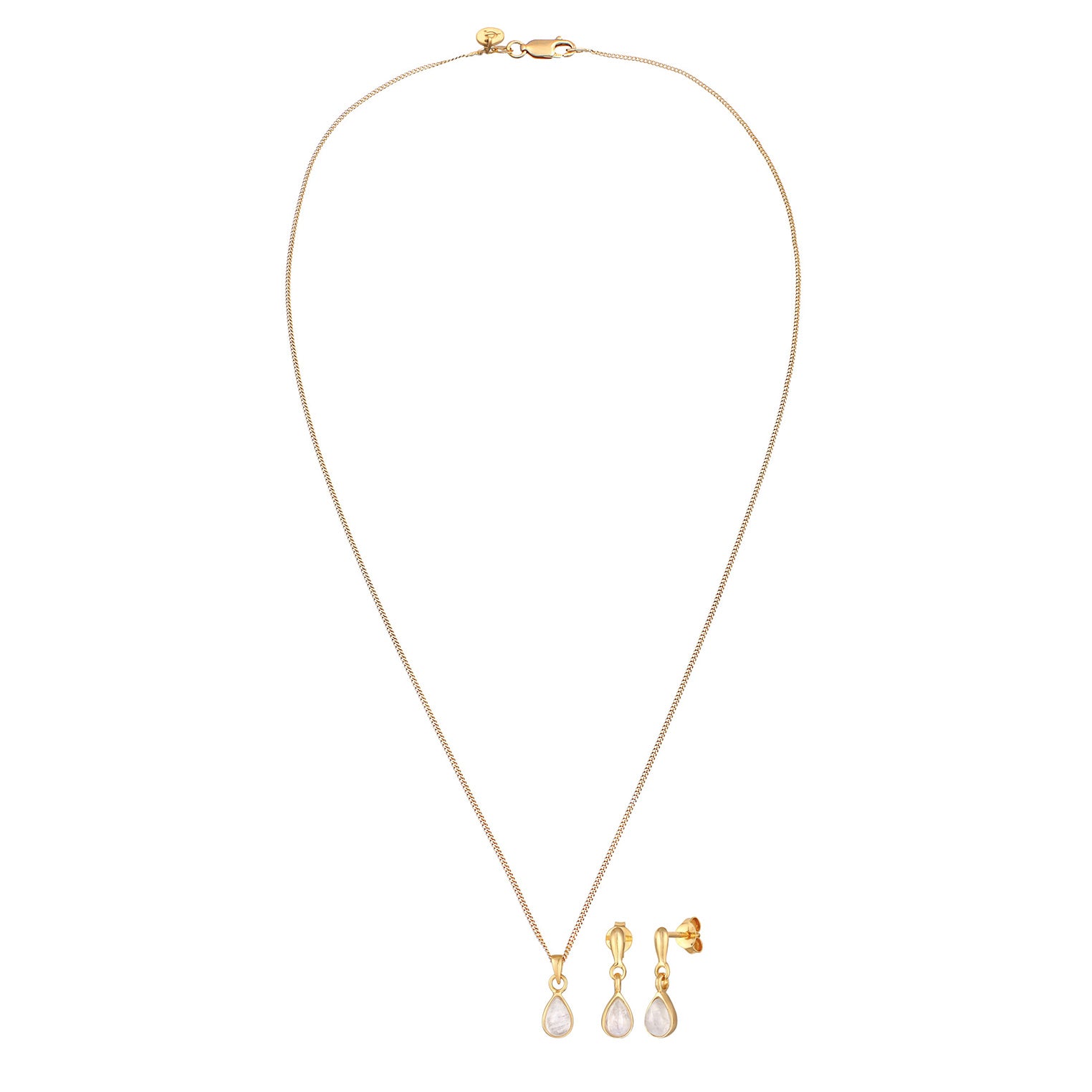Gold Set Perhiasan Perak 925 Wanita Drop Pendant Set Ear Hanger Moonstone Gold Plated