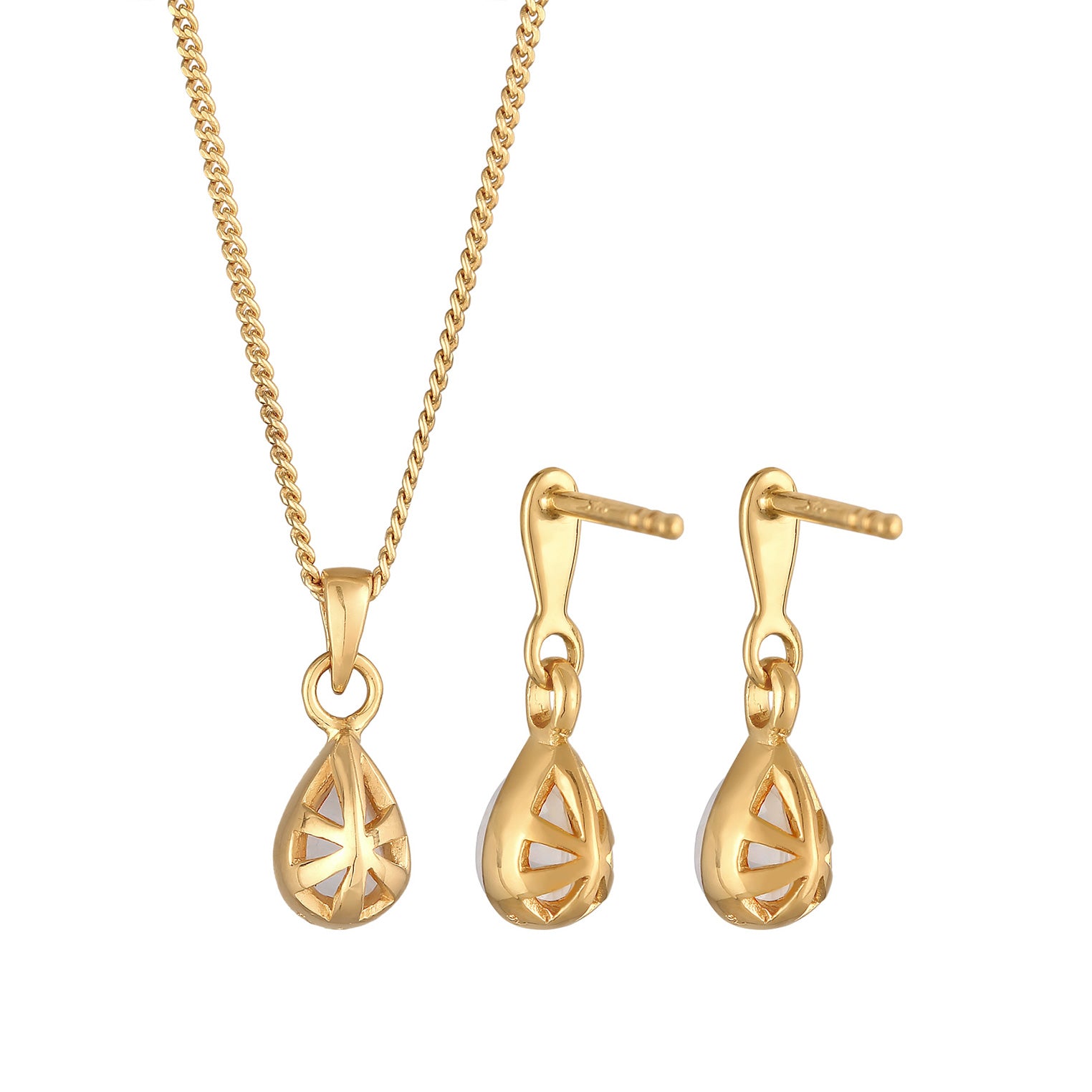 Gold Set Perhiasan Perak 925 Wanita Drop Pendant Set Ear Hanger Moonstone Gold Plated