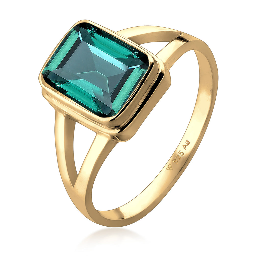 Gold Cincin Perhiasan Perak 925 Wanita Solitaire Green Quartz Gold Plated