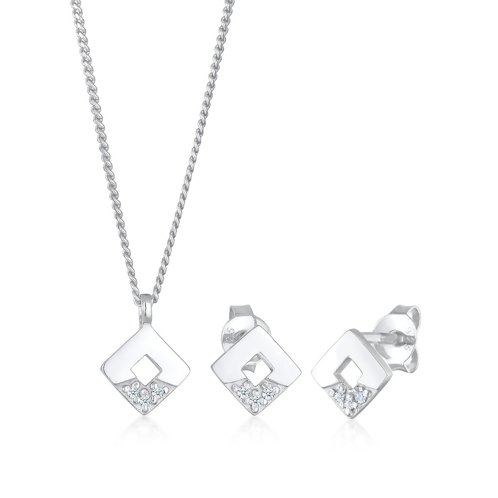 Silver Set Perhiasan Perak 925 Wanita Square Pendant Geo Set Stud