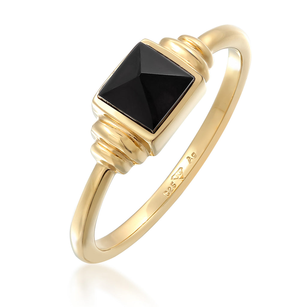 Gold Cincin Ring Perak 925 Lapis Emas Wanita Geometrik Onyx