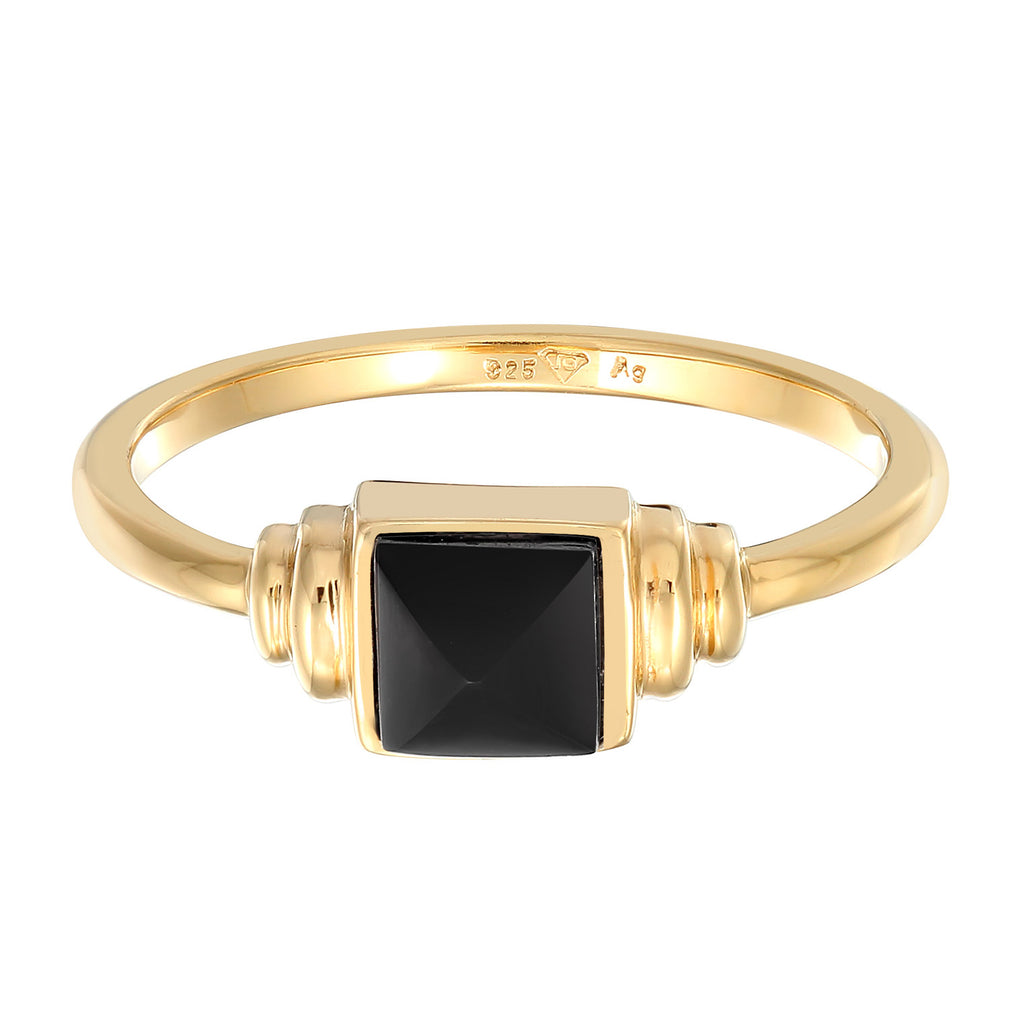 Gold Cincin Ring Perak 925 Lapis Emas Wanita Geometrik Onyx