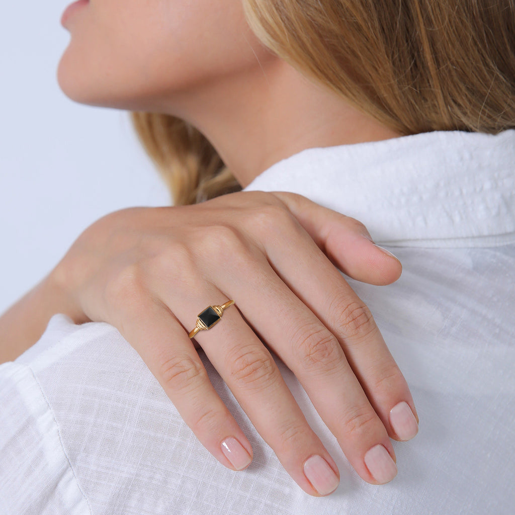 Gold Cincin Ring Perak 925 Lapis Emas Wanita Geometrik Onyx