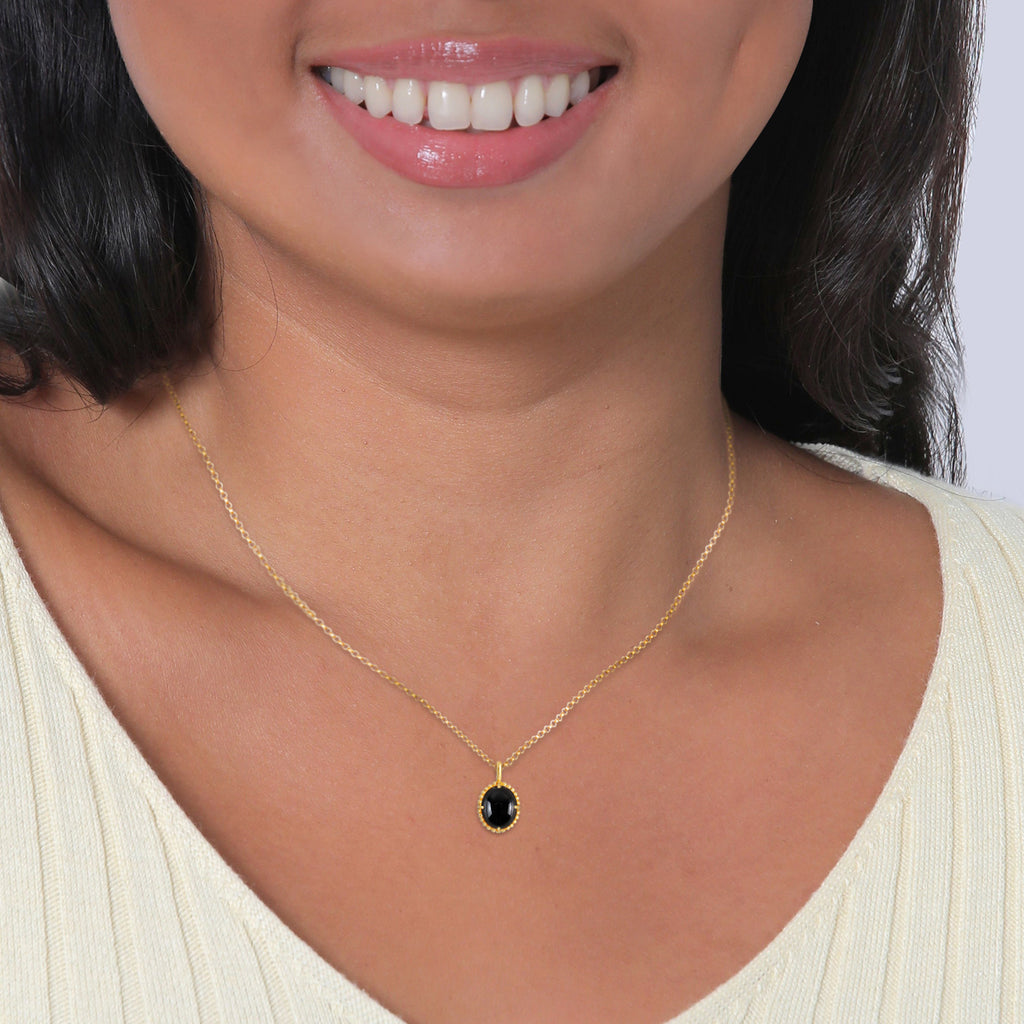 Gold Kalung Perhiasan Perak 925 Wanita Solitaire Pendant Oval Vintage Onyx Gold Plated