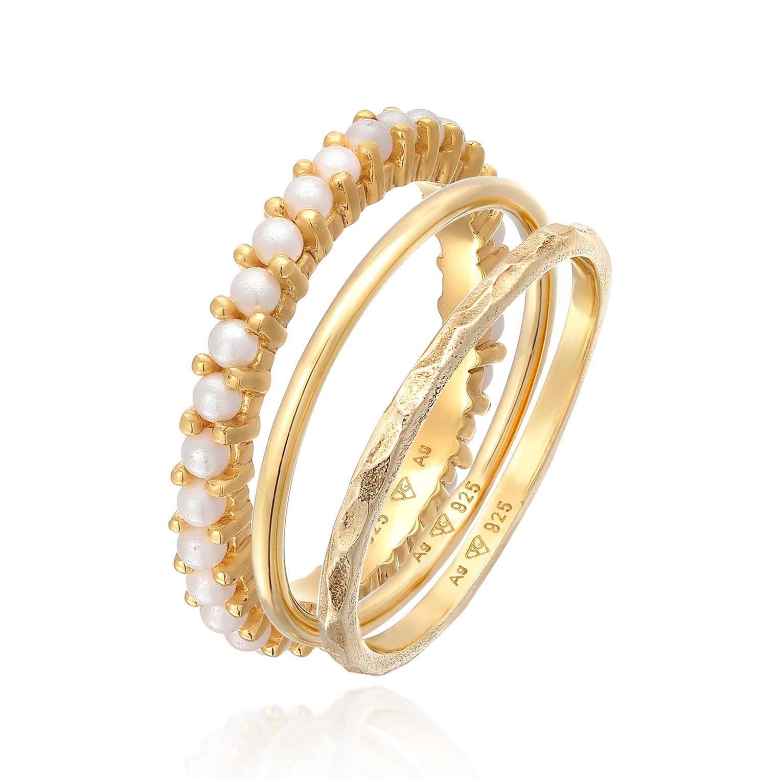 Gold Perhiasan Wanita Perak Asli - Silver Cincin Stack Band Trend Mutiara Gold Plated