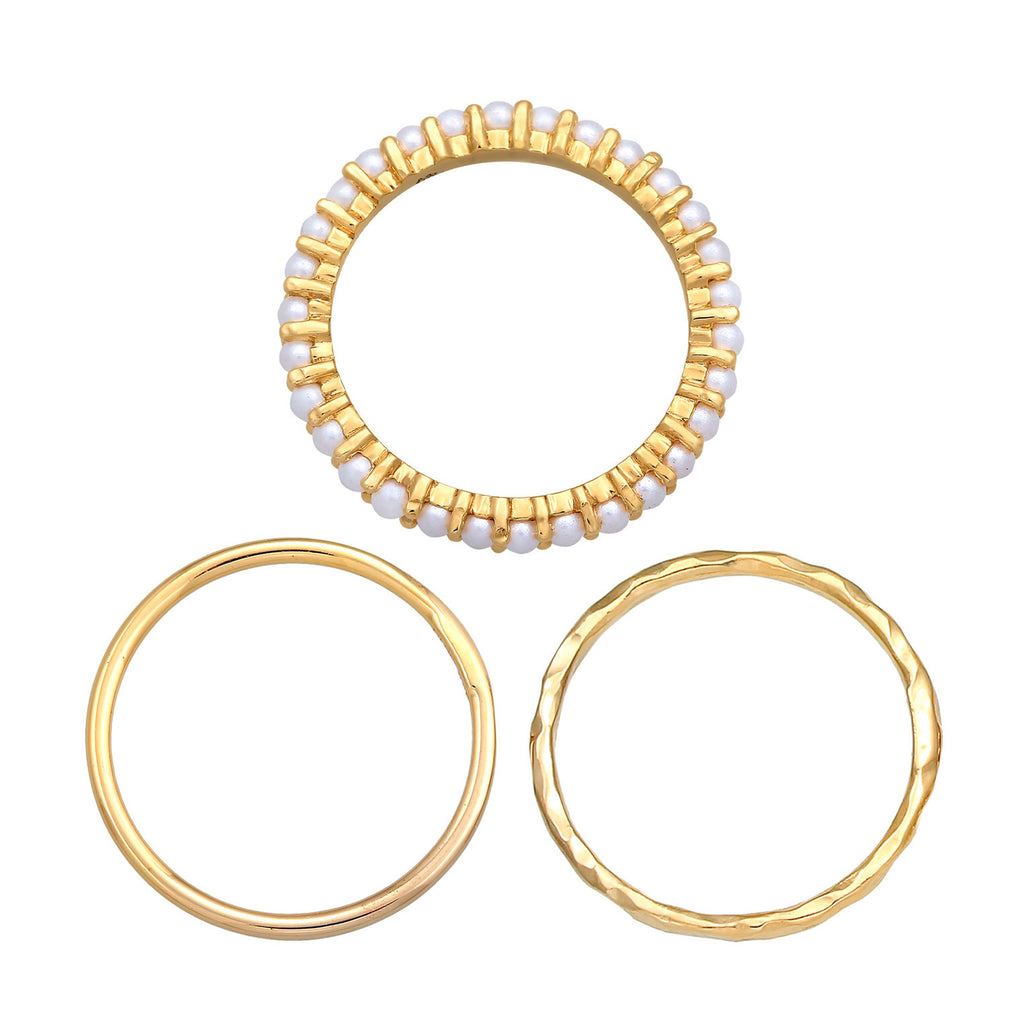 Gold Perhiasan Wanita Perak Asli - Silver Cincin Stack Band Trend Mutiara Gold Plated