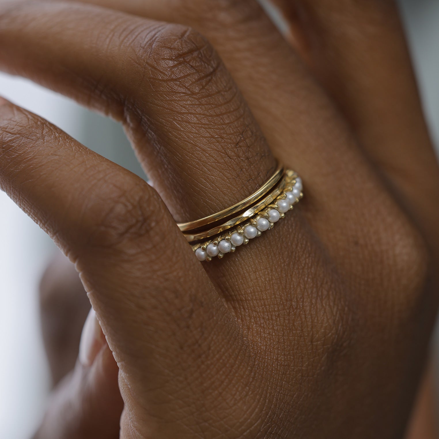 Gold Perhiasan Wanita Perak Asli - Silver Cincin Stack Band Trend Mutiara Gold Plated