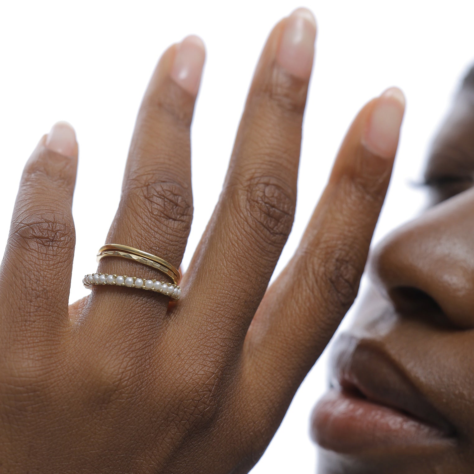 Gold Perhiasan Wanita Perak Asli - Silver Cincin Stack Band Trend Mutiara Gold Plated