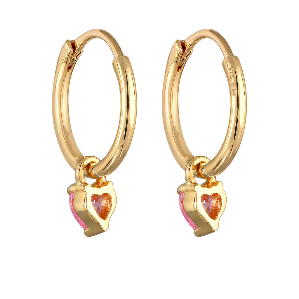 Gold Anting Perhiasan Perak 925 Wanita Creoles Heart Pendant Zirconia Crystals Pink Gold Plated