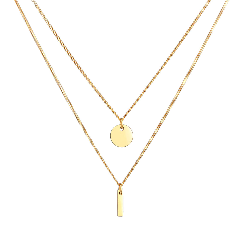 Gold Perhiasan Wanita Perak Asli - Silver Kalung Layer Circle Rod Pendant Geo Lapis Emas