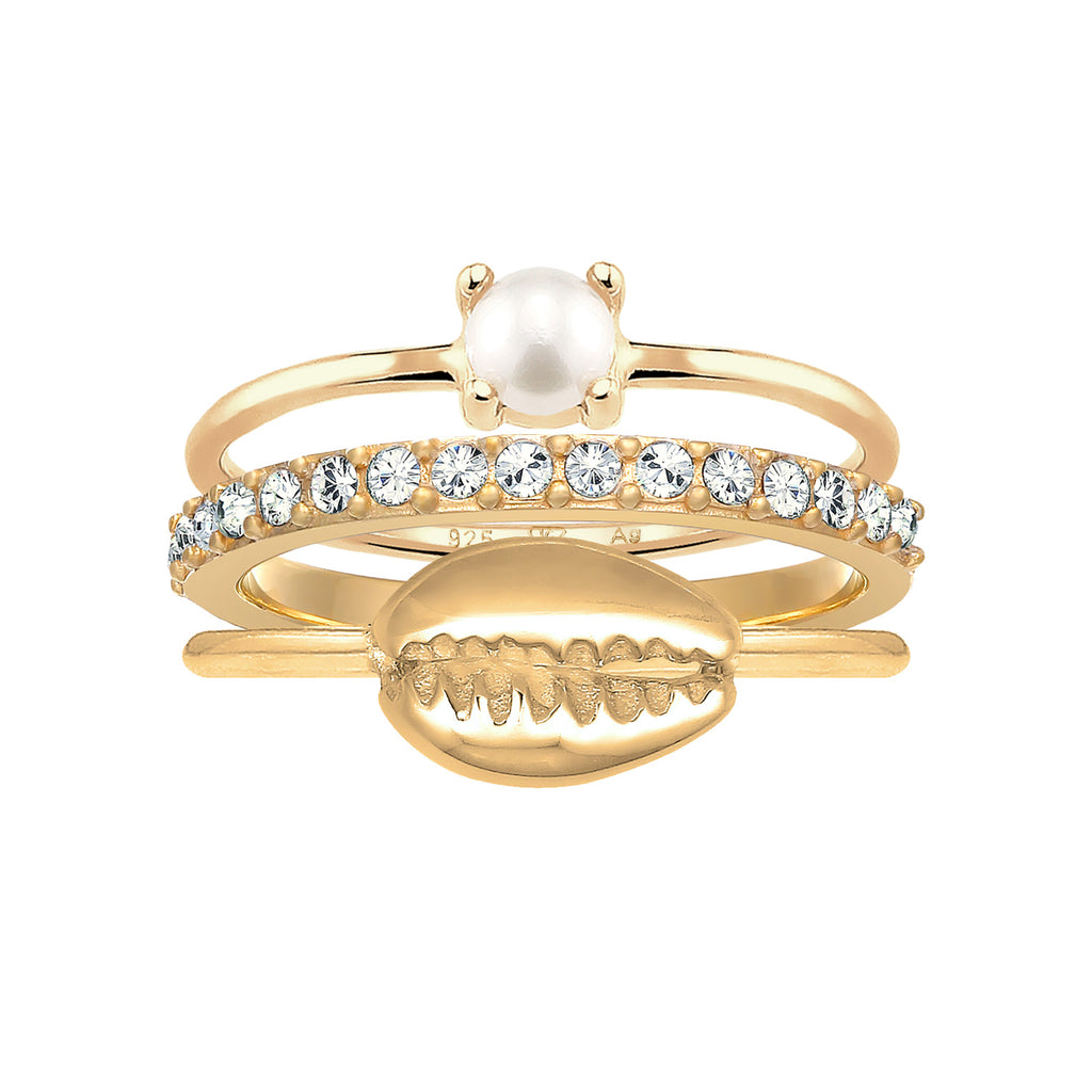 Gold Cincin Perhiasan Perak 925 Wanita Stacked Shell Set Freshwater Pearls And Crystals Gold Plated