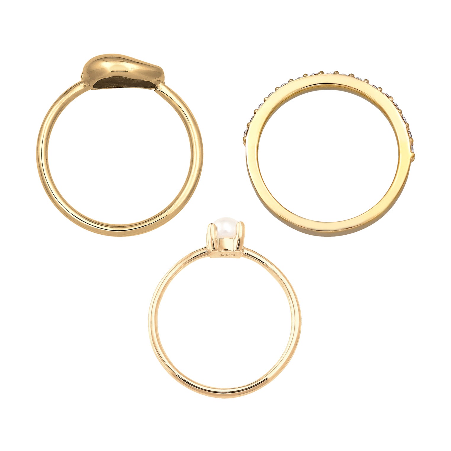 Gold Cincin Perhiasan Perak 925 Wanita Stacked Shell Set Freshwater Pearls And Crystals Gold Plated