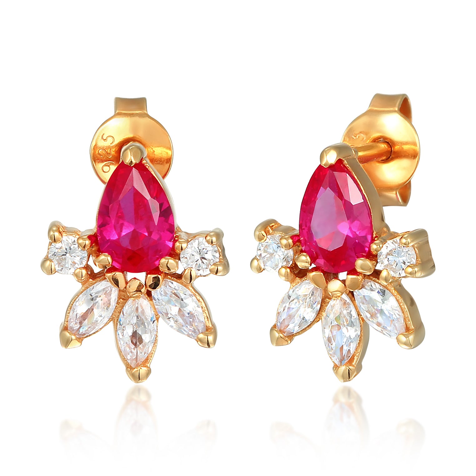 Gold Perhiasan Wanita Perak Asli - Silver Anting Stud Glamorous Zirconia Crystals And Synthetic Ruby Lapis Emas