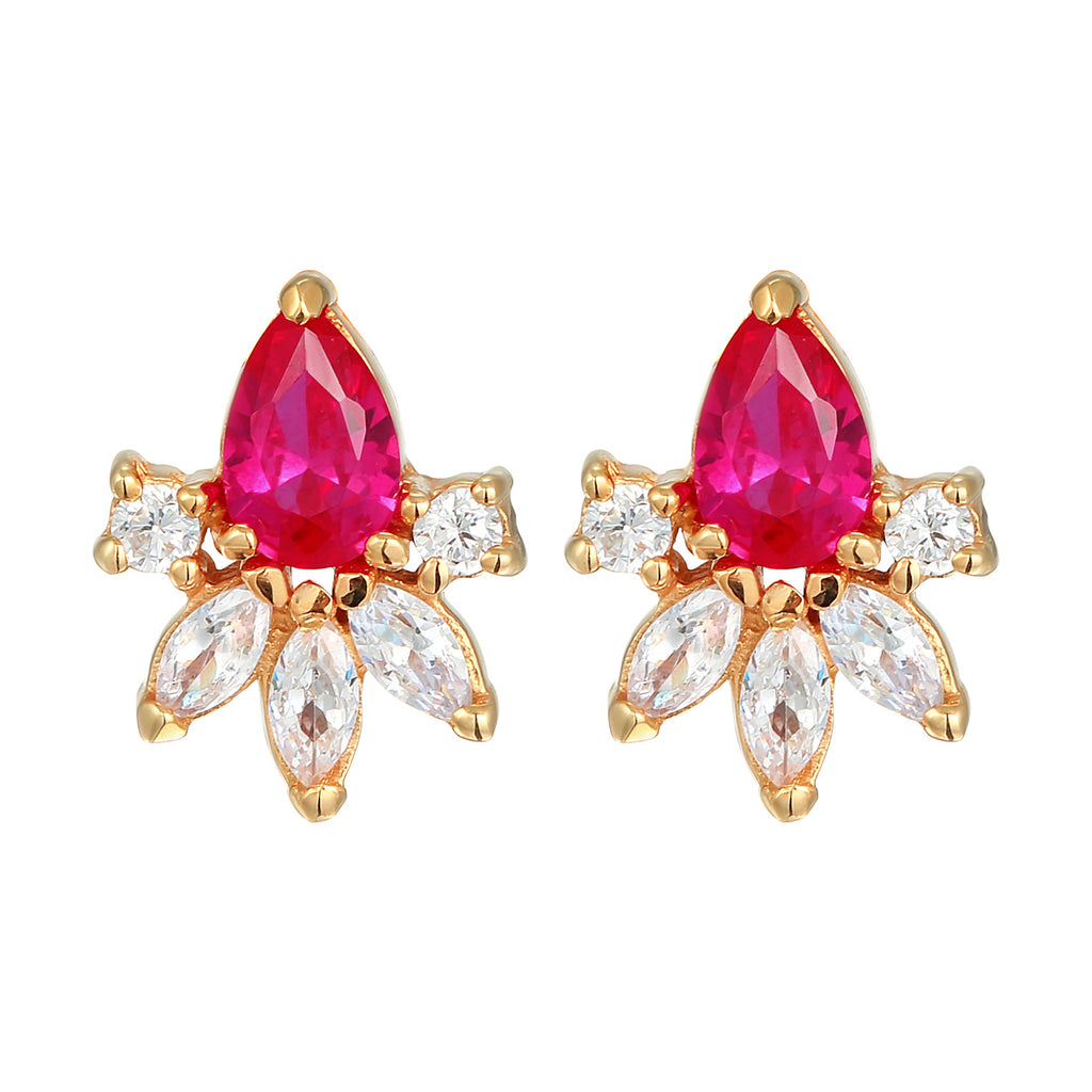 Gold Perhiasan Wanita Perak Asli - Silver Anting Stud Glamorous Zirconia Crystals And Synthetic Ruby Lapis Emas