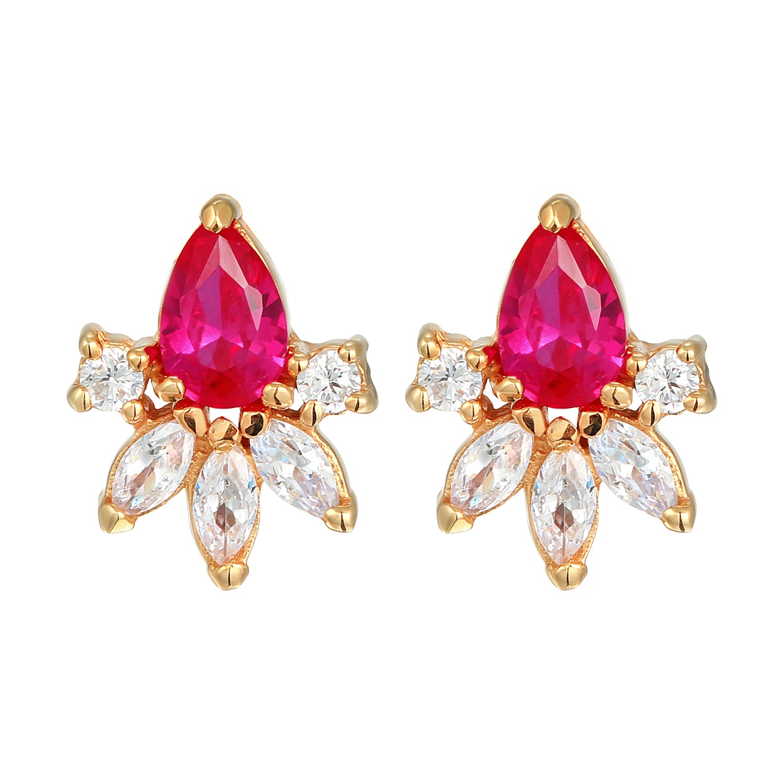 Gold Perhiasan Wanita Perak Asli - Silver Anting Stud Glamorous Zirconia Crystals And Synthetic Ruby Lapis Emas