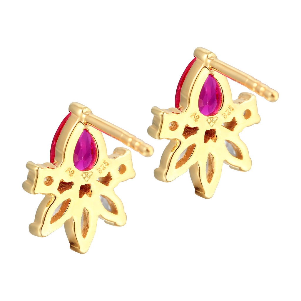 Gold Perhiasan Wanita Perak Asli - Silver Anting Stud Glamorous Zirconia Crystals And Synthetic Ruby Lapis Emas