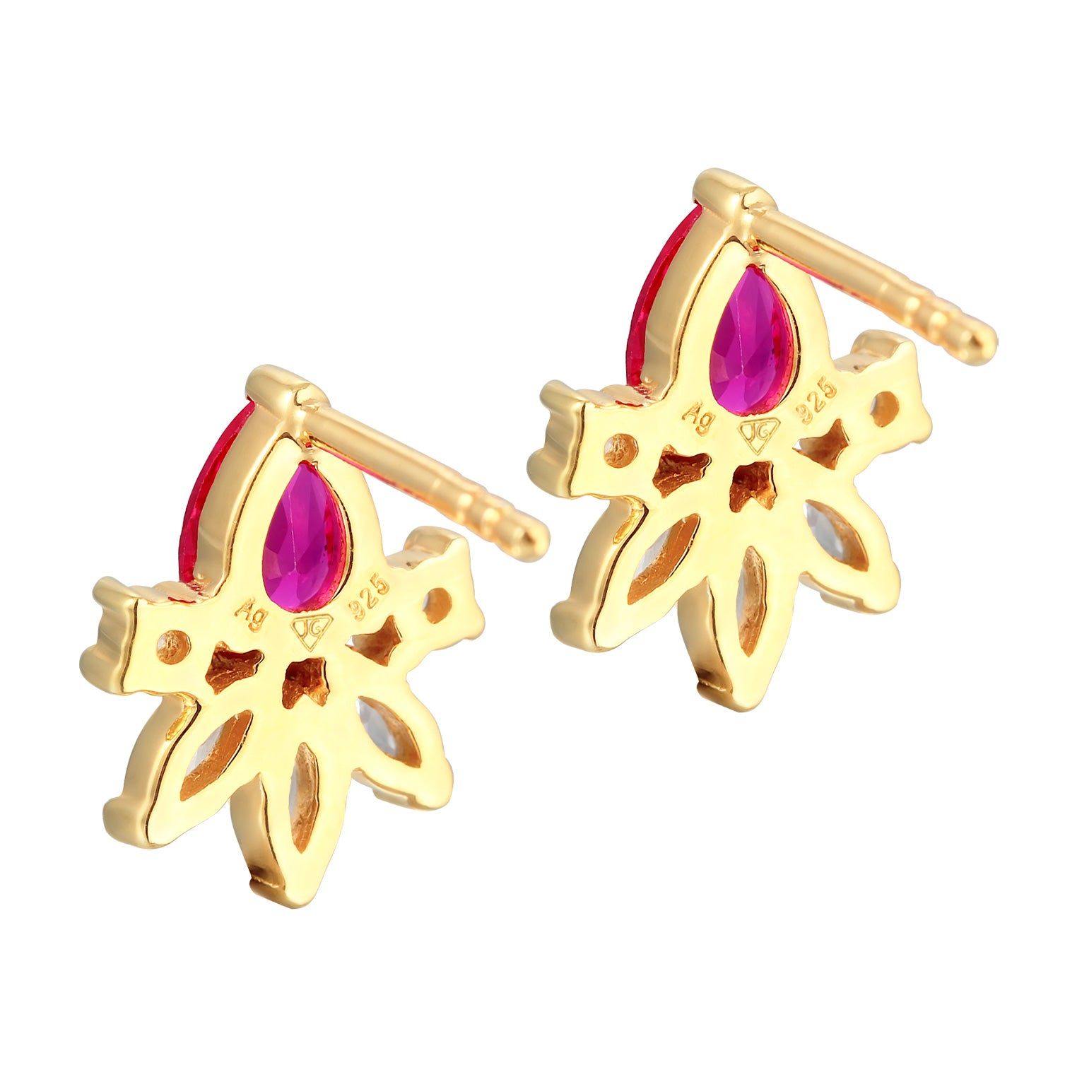 Gold Perhiasan Wanita Perak Asli - Silver Anting Stud Glamorous Zirconia Crystals And Synthetic Ruby Lapis Emas