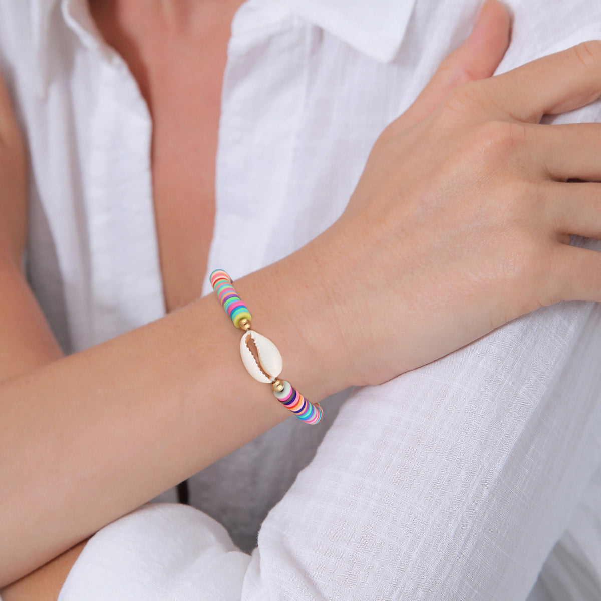 Colorful Heishi Bead Kauri Shell Bracelet 925 Silver Gold Plated