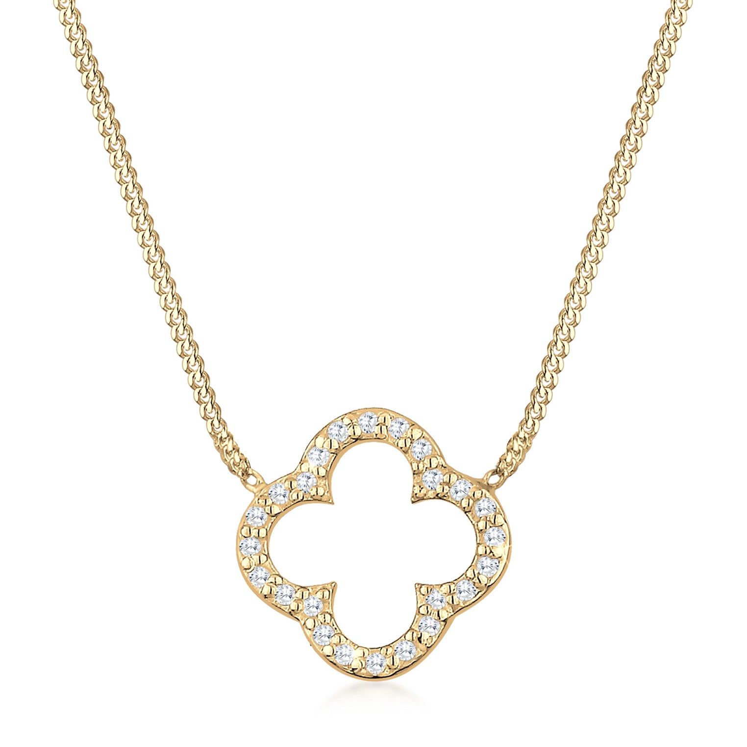 Gold Perhiasan Wanita Perak Asli - Silver Kalung Cloverleaf Pendant Elegant Luck Zirconia Crystals Lapis Emas