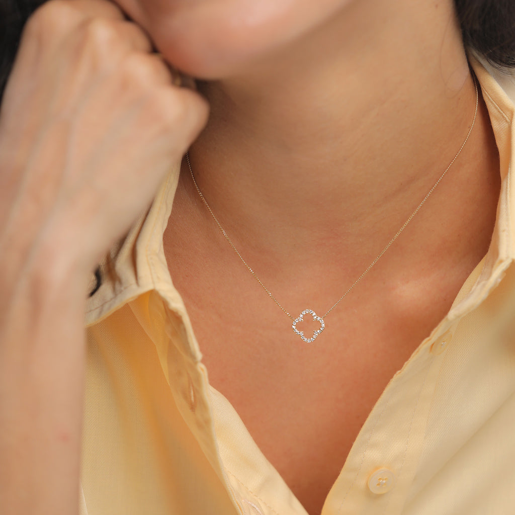 Open Cloverleaf Necklace 925 Silver Gold Plated White Zirconia