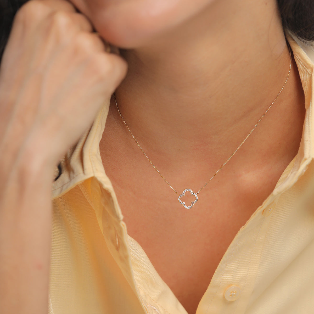 Open Cloverleaf Necklace 925 Silver Gold Plated White Zirconia