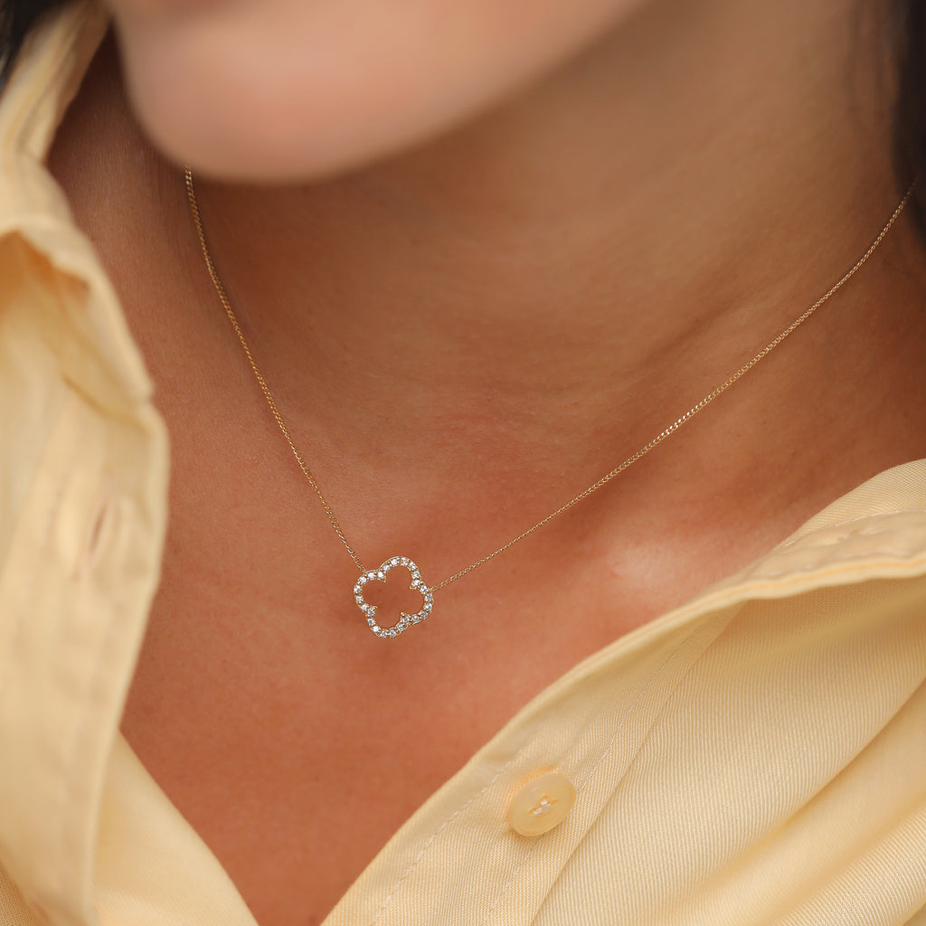 Open Cloverleaf Necklace 925 Silver Gold Plated White Zirconia