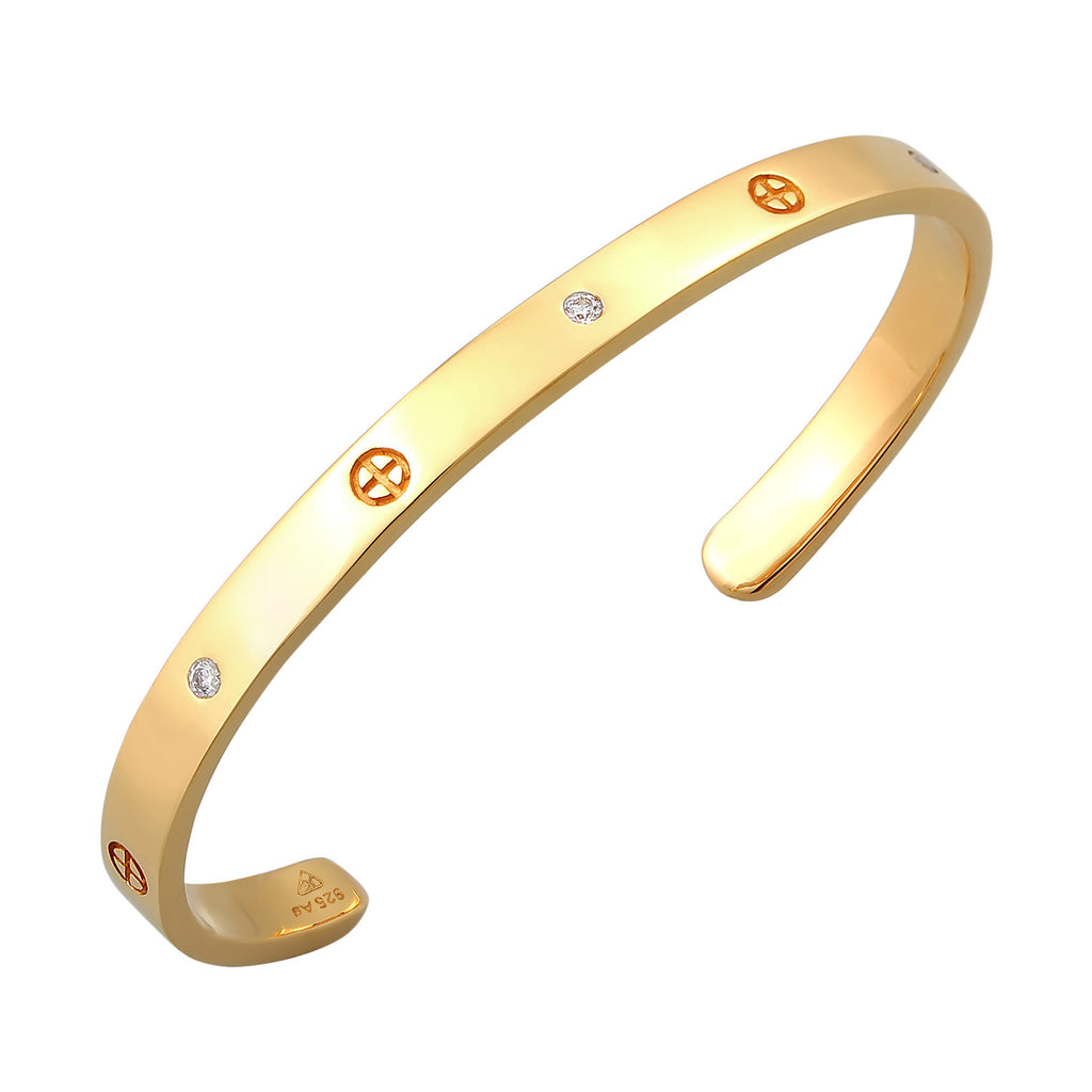 Gold Perhiasan Wanita Perak Asli - Silver Gelang Bangle Geo Cross Minimal Zirconia Crystals Lapis Emas