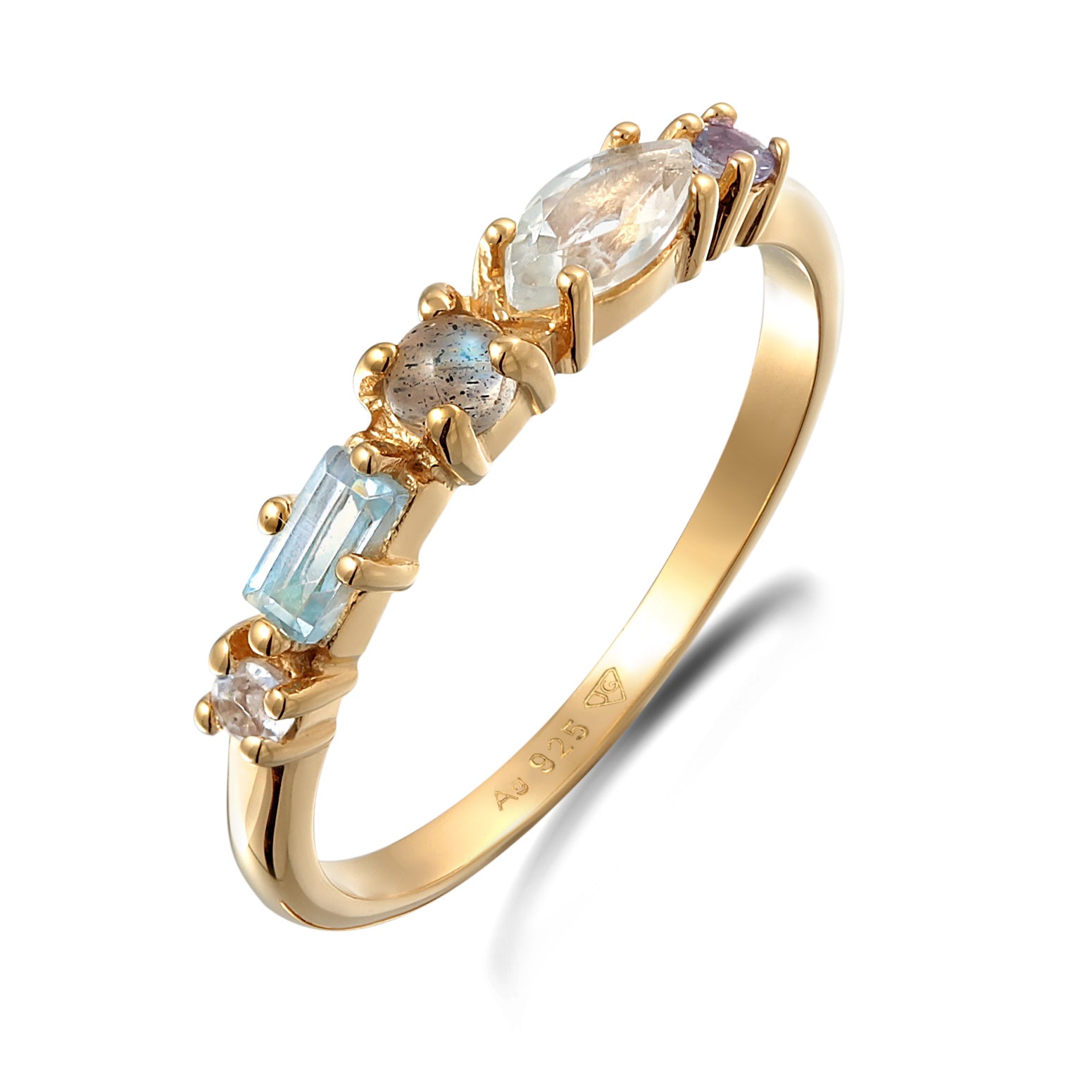 Gold Perhiasan Wanita Perak Asli - Silver Cincin Memoire Classic Topaz, Moonstone And Amethyst Lapis Emas