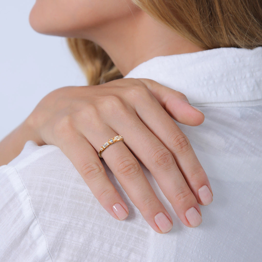 Gold Perhiasan Wanita Perak Asli - Silver Cincin Memoire Classic Topaz, Moonstone And Amethyst Lapis Emas
