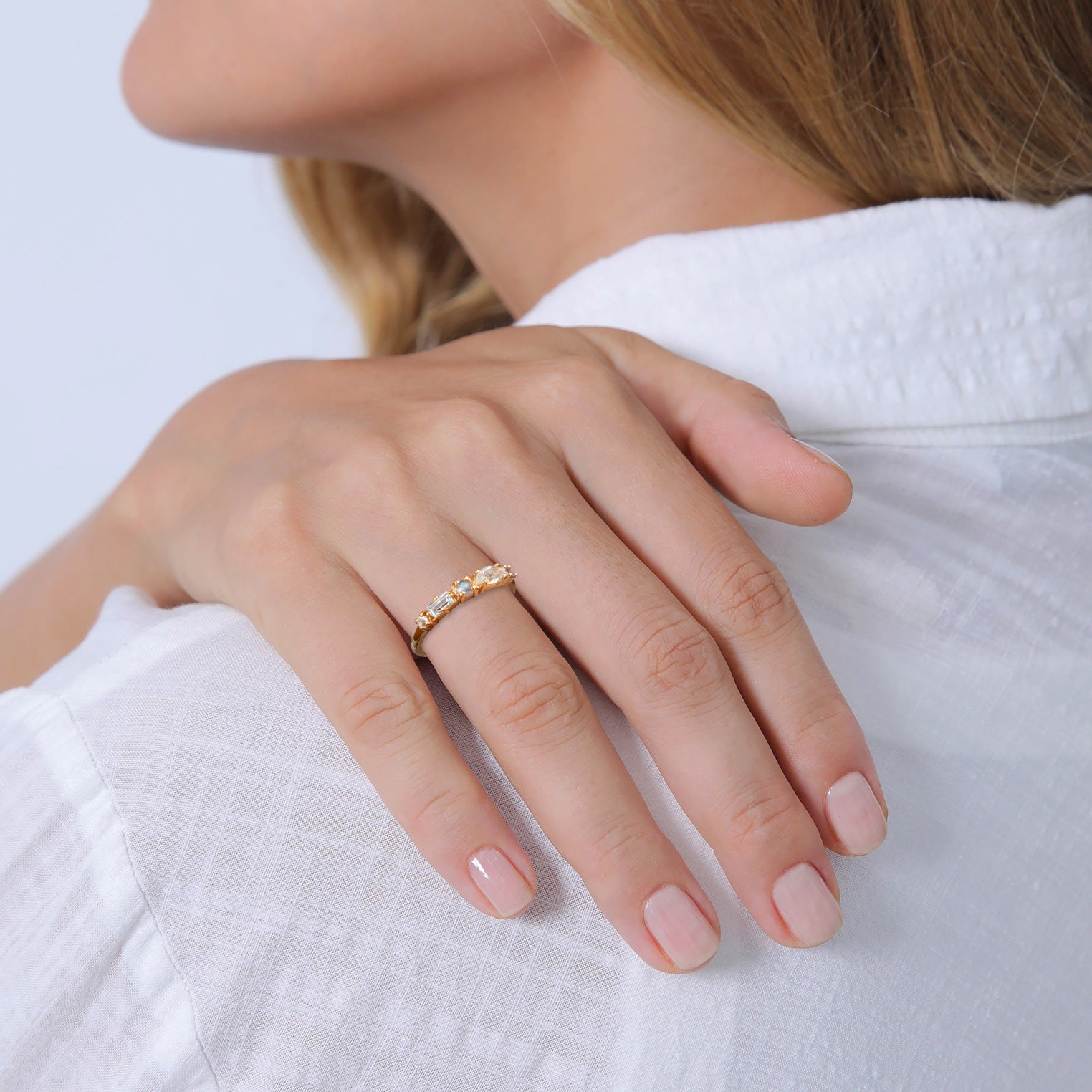 Gold Perhiasan Wanita Perak Asli - Silver Cincin Memoire Classic Topaz, Moonstone And Amethyst Lapis Emas